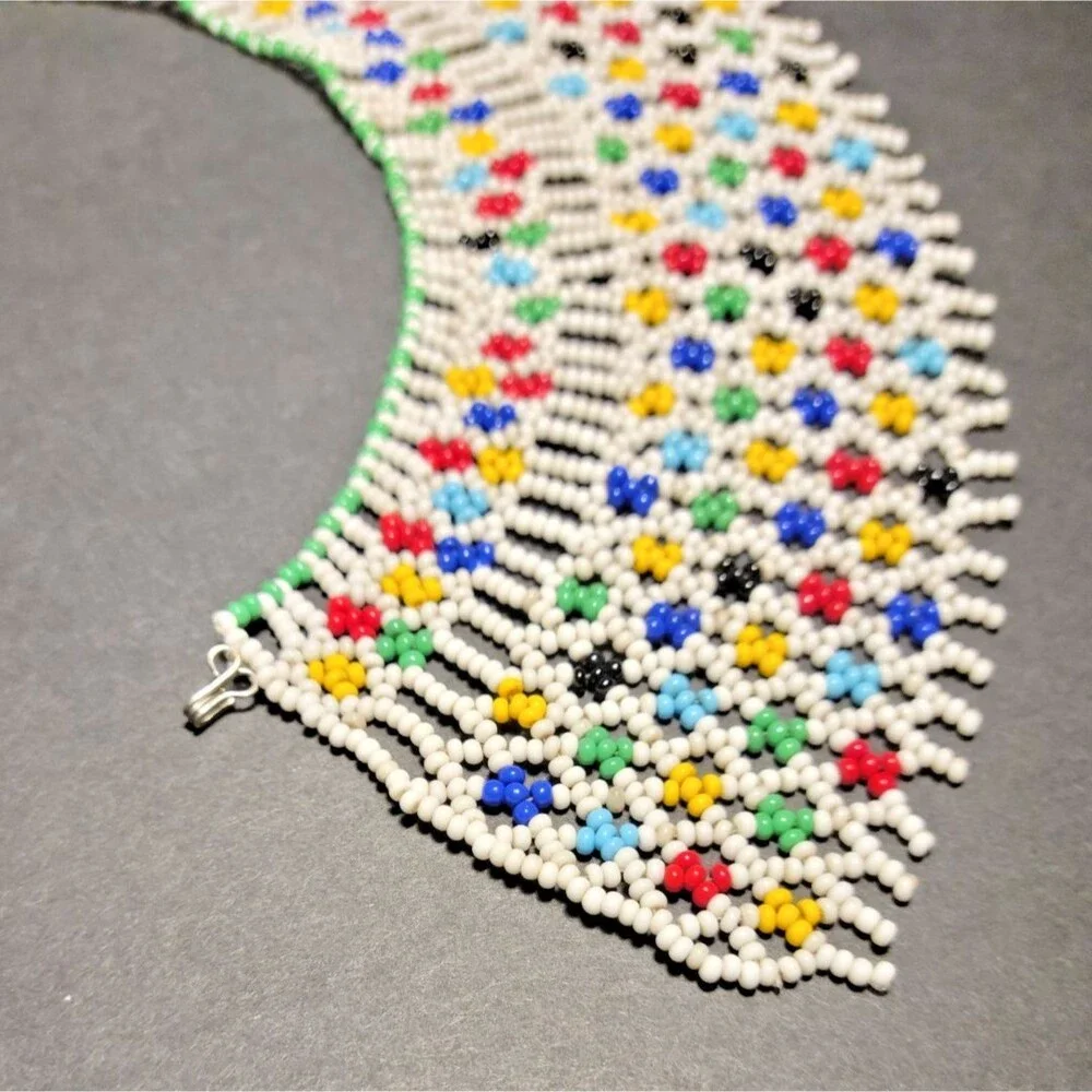 Vintage Artisan Netted Seed Bead Collar Necklace Bib Ukrainian Style Colorful 12